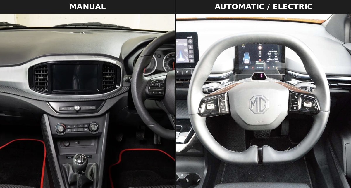 Side by side comparison of a manual car interior and an automatic electric car interior